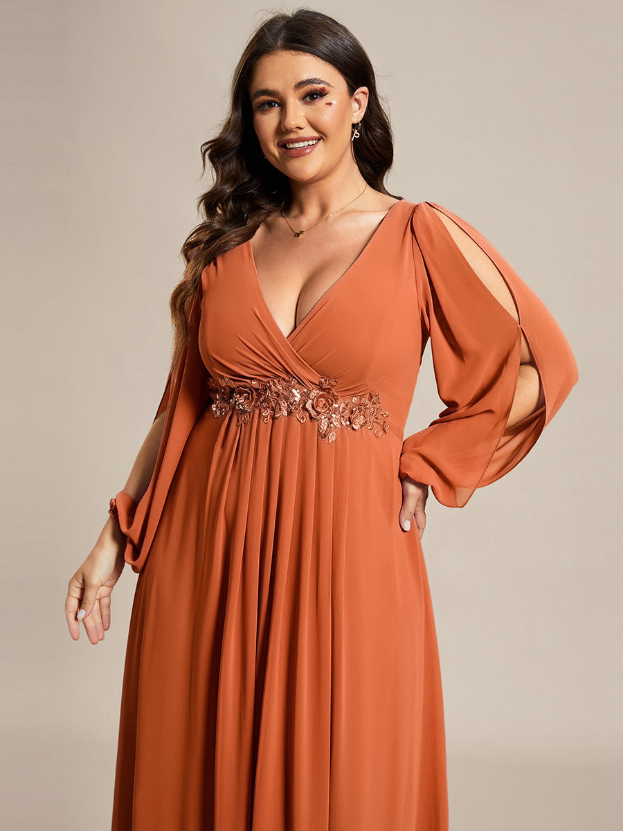 ever AMOUR|Elegant Chiffon V-Neckline Long Sleeve Formal Evening Dress