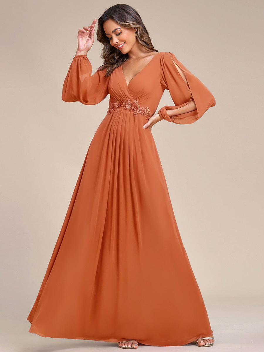 ever AMOUR|Elegant Chiffon V-Neckline Long Sleeve Formal Evening Dress