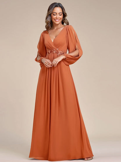 ever AMOUR|Elegant Chiffon V-Neckline Long Sleeve Formal Evening Dress