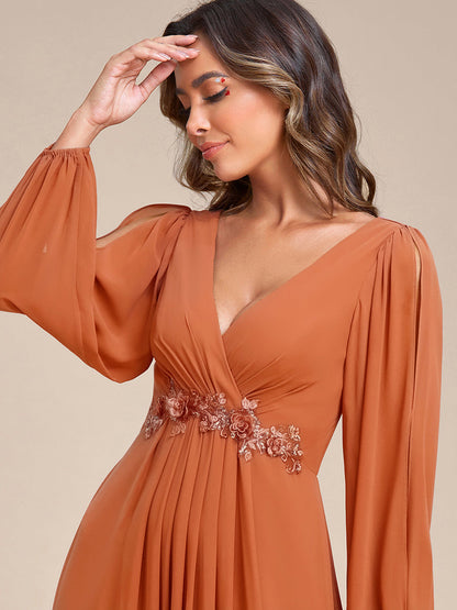 ever AMOUR|Elegant Chiffon V-Neckline Long Sleeve Formal Evening Dress