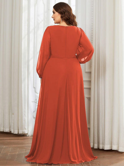 ever AMOUR|Elegant Chiffon V-Neckline Long Sleeve Wedding Guest Dress