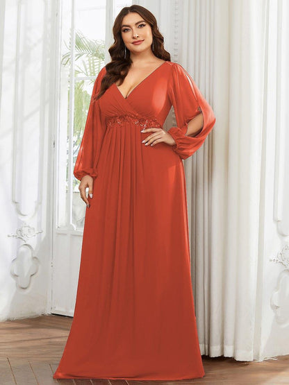 pretty AMOUR|Stylish Plus Size Chiffon Formal Evening Dresses with Long Lantern Sleeves
