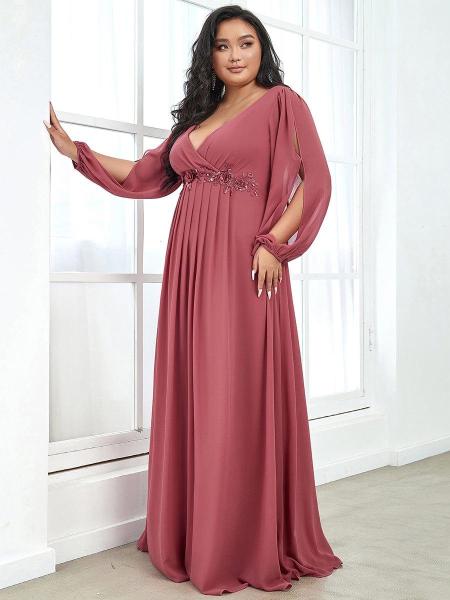 ever AMOUR|Elegant Chiffon V-Neckline Long Sleeve Formal Evening Dress