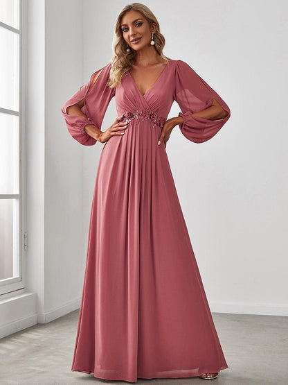 ever AMOUR|Elegant Chiffon V-Neckline Long Sleeve Formal Evening Dress