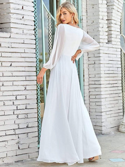 ever AMOUR|Elegant Chiffon V-Neckline Long Sleeve Wedding Guest Dress