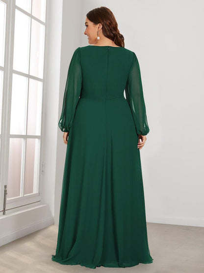 ever AMOUR|Elegant Chiffon V-Neckline Long Sleeve Wedding Guest Dress