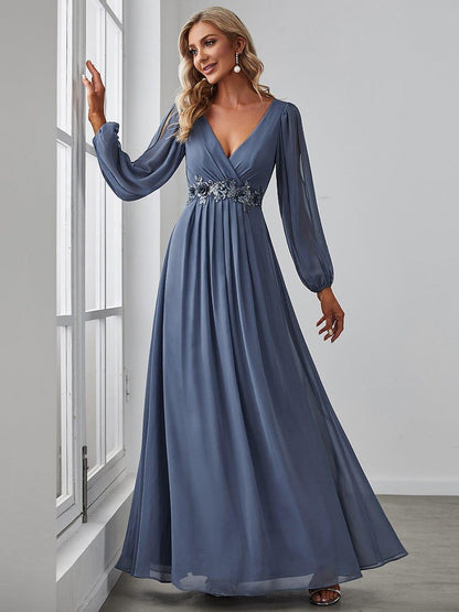 ever AMOUR|Elegant Chiffon V-Neckline Long Sleeve Wedding Guest Dress