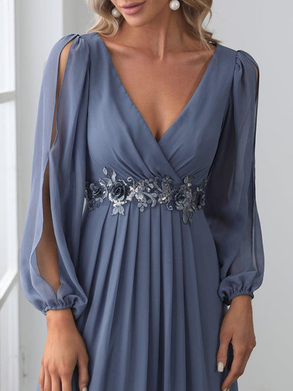 ever AMOUR|Elegant Chiffon V-Neckline Long Sleeve Wedding Guest Dress