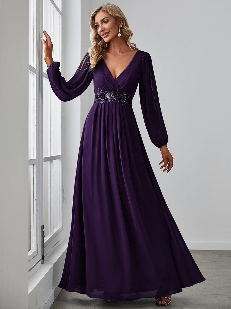 ever AMOUR|Elegant Chiffon V-Neckline Long Sleeve Formal Evening Dress