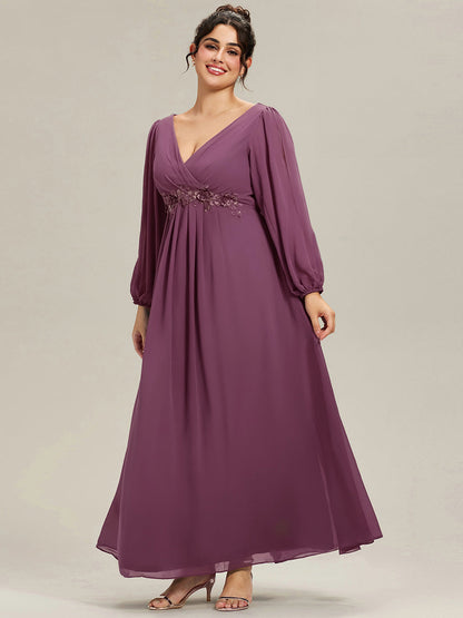 ever AMOUR|Elegant Chiffon V-Neckline Long Sleeve Wedding Guest Dress