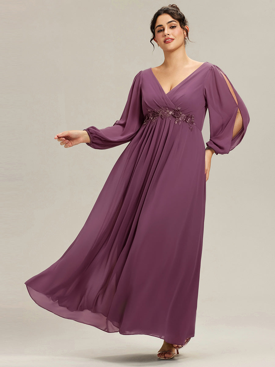 ever AMOUR|Elegant Chiffon V-Neckline Long Sleeve Formal Evening Dress