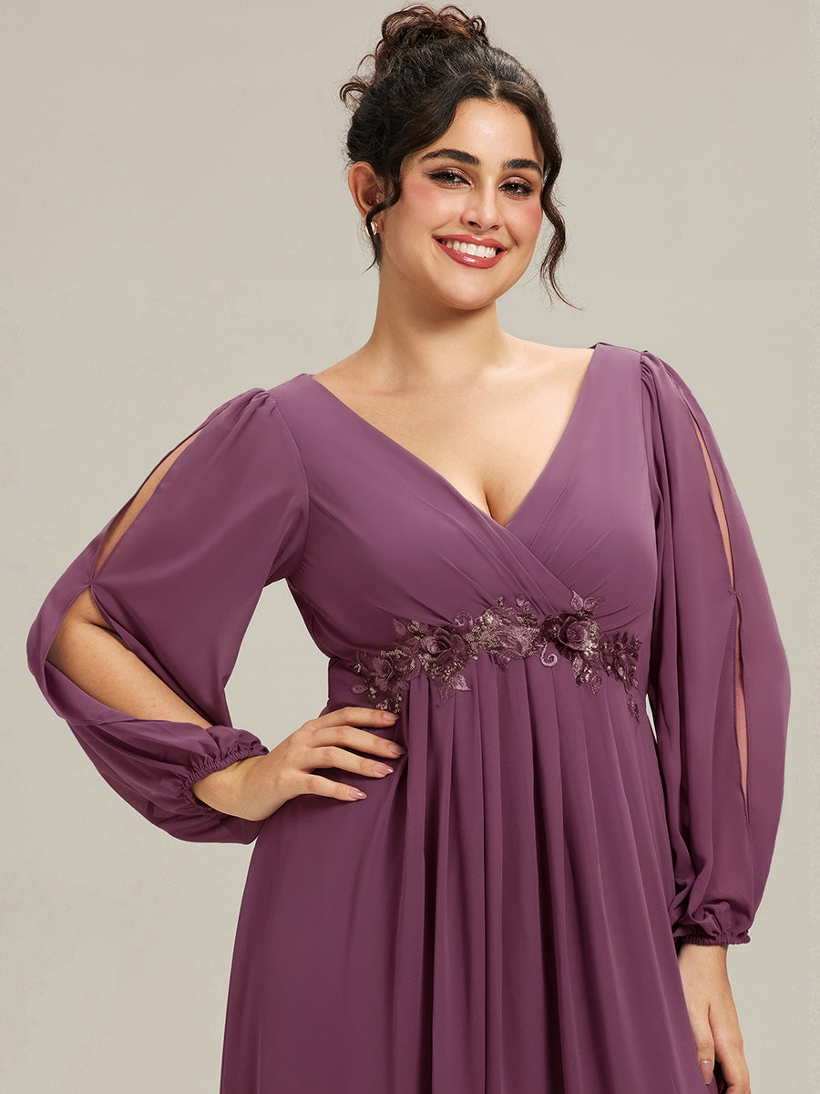 ever AMOUR|Elegant Chiffon V-Neckline Long Sleeve Formal Evening Dress