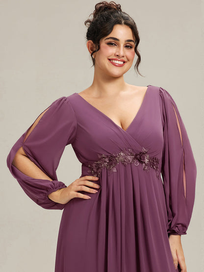 ever AMOUR|Elegant Chiffon V-Neckline Long Sleeve Wedding Guest Dress