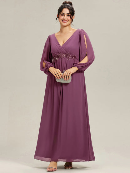 ever AMOUR|Elegant Chiffon V-Neckline Long Sleeve Wedding Guest Dress