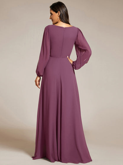 ever AMOUR|Elegant Chiffon V-Neckline Long Sleeve Formal Evening Dress