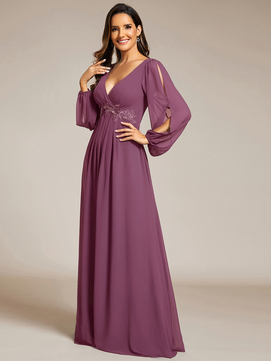 ever AMOUR|Elegant Chiffon V-Neckline Long Sleeve Wedding Guest Dress