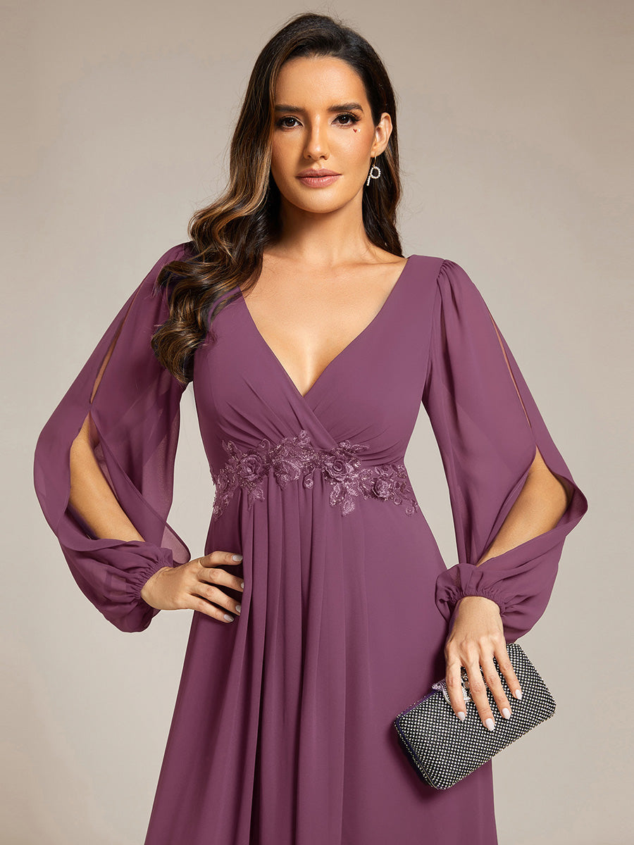 ever AMOUR|Elegant Chiffon V-Neckline Long Sleeve Formal Evening Dress