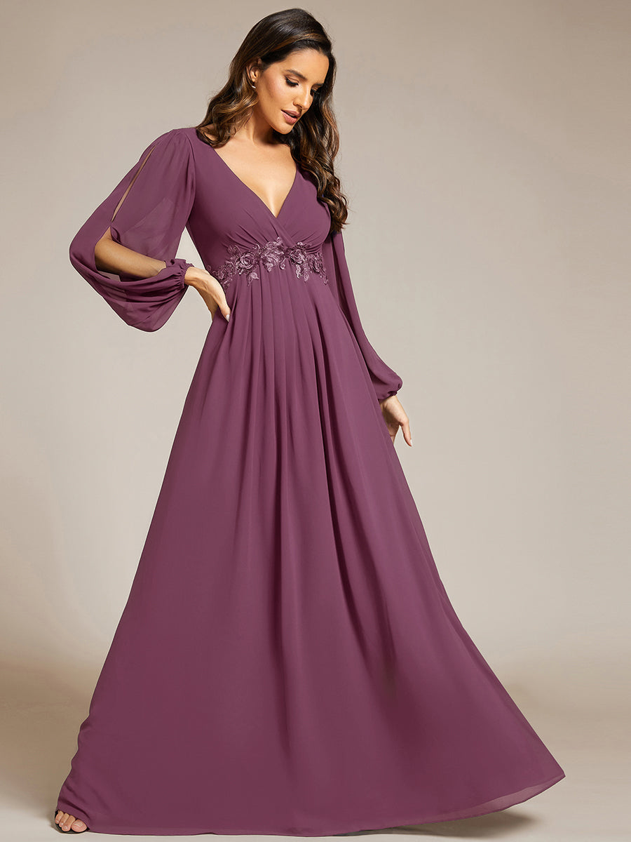 ever AMOUR|Elegant Chiffon V-Neckline Long Sleeve Formal Evening Dress