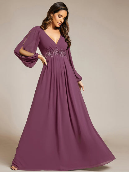 ever AMOUR|Elegant Chiffon V-Neckline Long Sleeve Formal Evening Dress