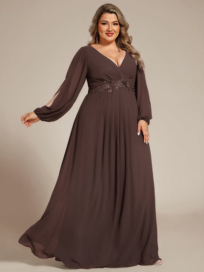 ever AMOUR|Elegant Chiffon V-Neckline Long Sleeve Formal Evening Dress