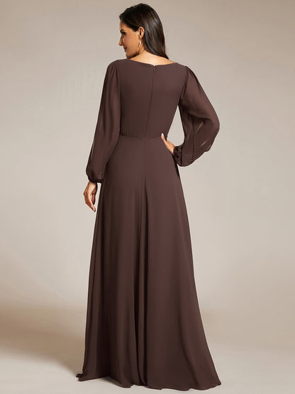 ever AMOUR|Elegant Chiffon V-Neckline Long Sleeve Wedding Guest Dress