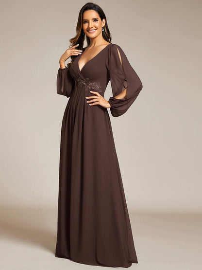 ever AMOUR|Elegant Chiffon V-Neckline Long Sleeve Formal Evening Dress