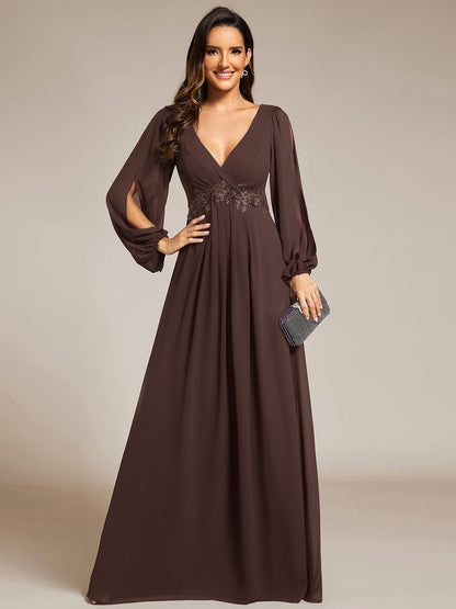 ever AMOUR|Elegant Chiffon V-Neckline Long Sleeve Formal Evening Dress