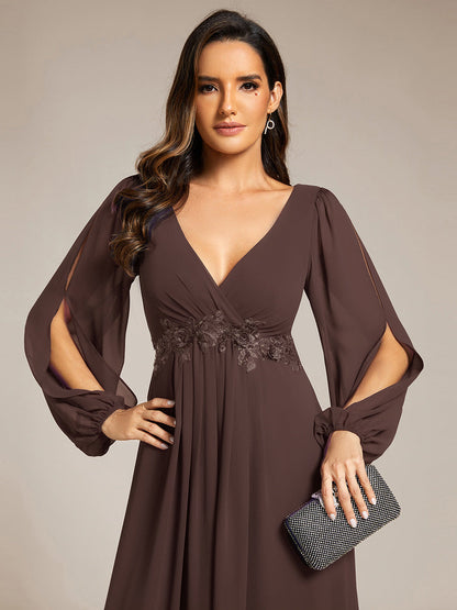 ever AMOUR|Elegant Chiffon V-Neckline Long Sleeve Formal Evening Dress