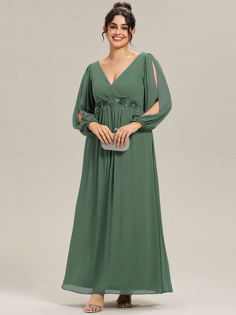 ever AMOUR|Elegant Chiffon V-Neckline Long Sleeve Wedding Guest Dress