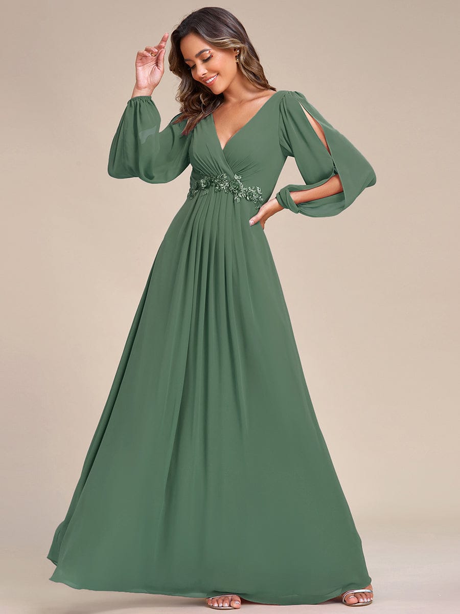 ever AMOUR|Elegant Chiffon V-Neckline Long Sleeve Formal Evening Dress