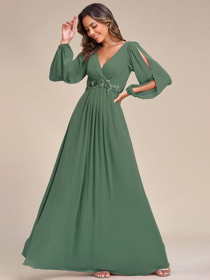 ever AMOUR|Elegant Chiffon V-Neckline Long Sleeve Wedding Guest Dress