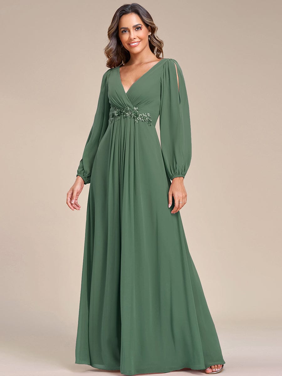ever AMOUR|Elegant Chiffon V-Neckline Long Sleeve Wedding Guest Dress