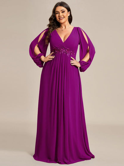 ever AMOUR|Elegant Chiffon V-Neckline Long Sleeve Wedding Guest Dress