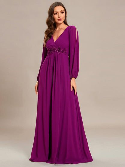 ever AMOUR|Elegant Chiffon V-Neckline Long Sleeve Wedding Guest Dress