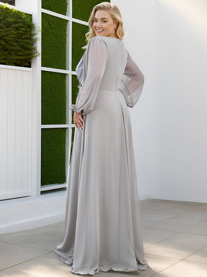 pretty AMOUR|Stylish Plus Size Chiffon Formal Evening Dresses with Long Lantern Sleeves