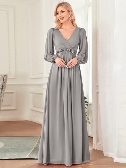 ever AMOUR|Elegant Chiffon V-Neckline Long Sleeve Wedding Guest Dress