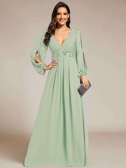 ever AMOUR|Elegant Chiffon V-Neckline Long Sleeve Wedding Guest Dress