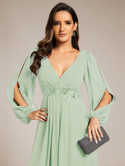 ever AMOUR|Elegant Chiffon V-Neckline Long Sleeve Wedding Guest Dress