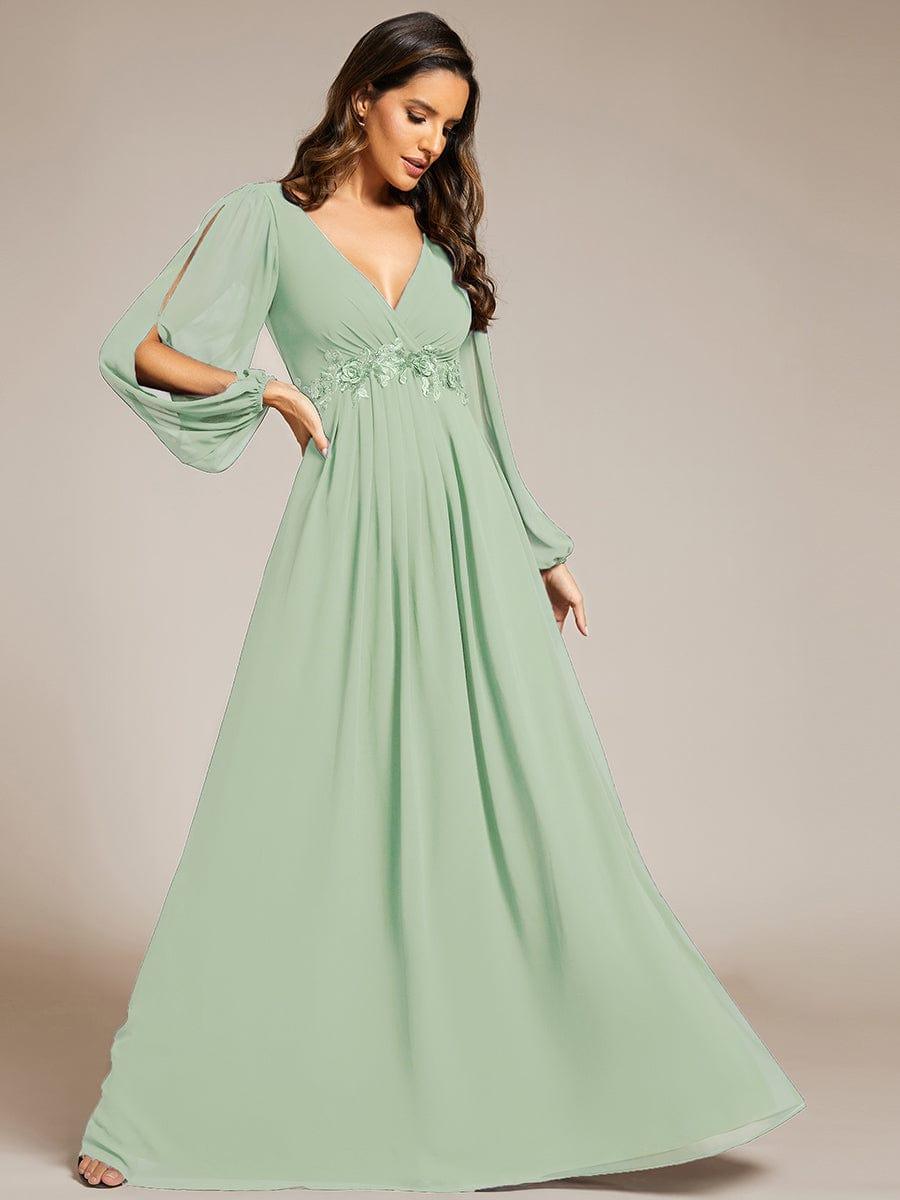 ever AMOUR|Elegant Chiffon V-Neckline Long Sleeve Wedding Guest Dress