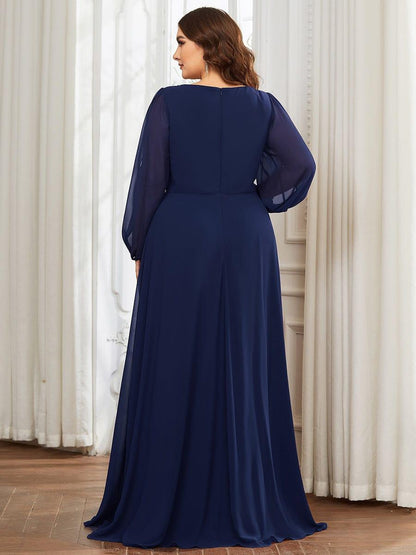 ever AMOUR|Elegant Chiffon V-Neckline Long Sleeve Wedding Guest Dress