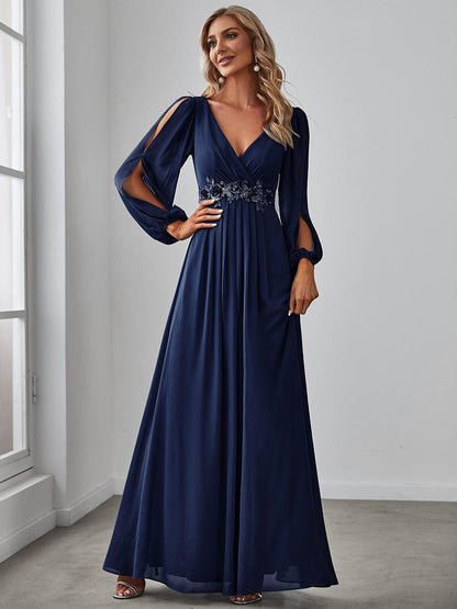 ever AMOUR|Elegant Chiffon V-Neckline Long Sleeve Wedding Guest Dress
