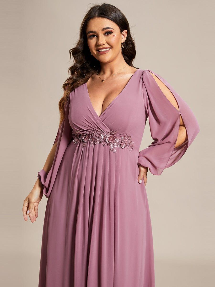 ever AMOUR|Elegant Chiffon V-Neckline Long Sleeve Wedding Guest Dress