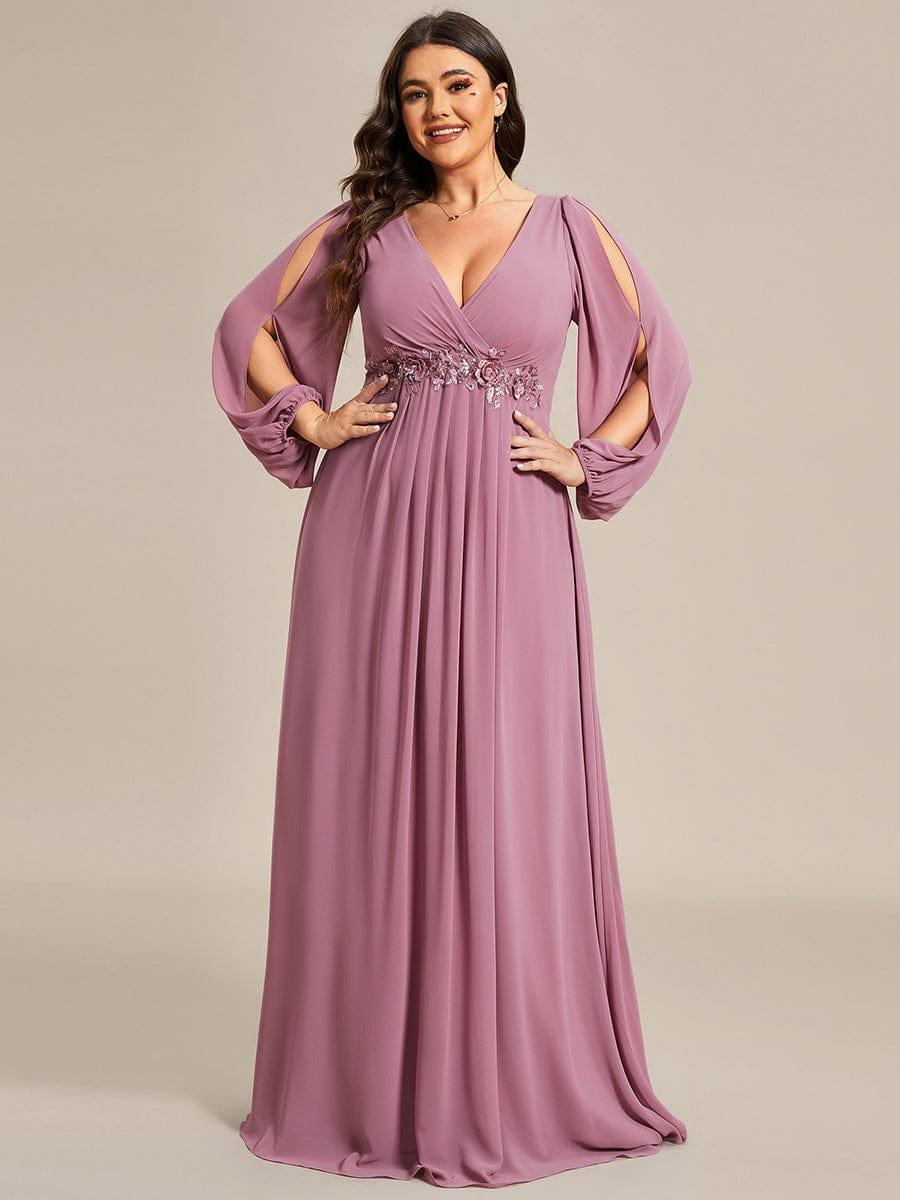 ever AMOUR|Elegant Chiffon V-Neckline Long Sleeve Wedding Guest Dress