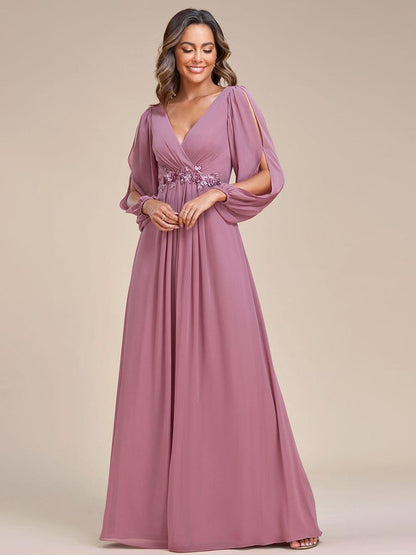 ever AMOUR|Elegant Chiffon V-Neckline Long Sleeve Formal Evening Dress