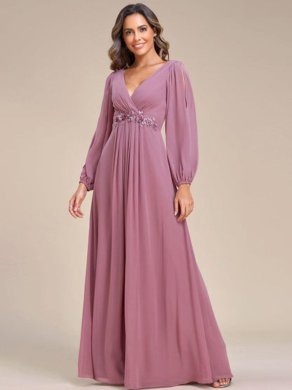 ever AMOUR|Elegant Chiffon V-Neckline Long Sleeve Formal Evening Dress