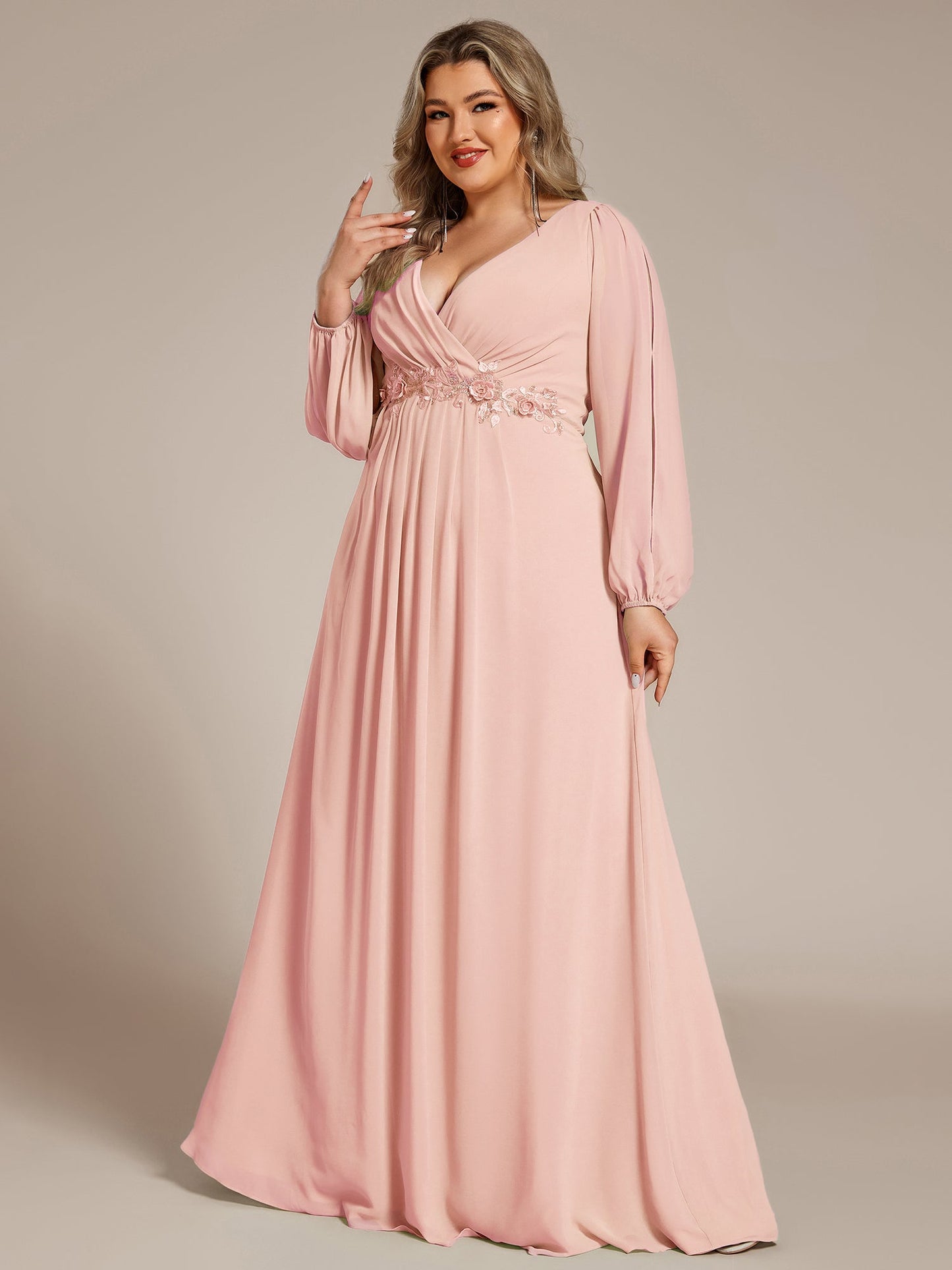 pretty AMOUR|Stylish Plus Size Chiffon Formal Evening Dresses with Long Lantern Sleeves