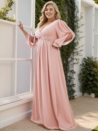 pretty AMOUR|Stylish Plus Size Chiffon Formal Evening Dresses with Long Lantern Sleeves