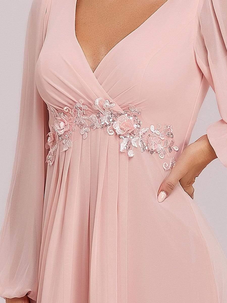 ever AMOUR|Elegant Chiffon V-Neckline Long Sleeve Wedding Guest Dress