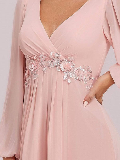 ever AMOUR|Elegant Chiffon V-Neckline Long Sleeve Formal Evening Dress