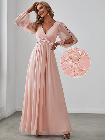 ever AMOUR|Elegant Chiffon V-Neckline Long Sleeve Wedding Guest Dress